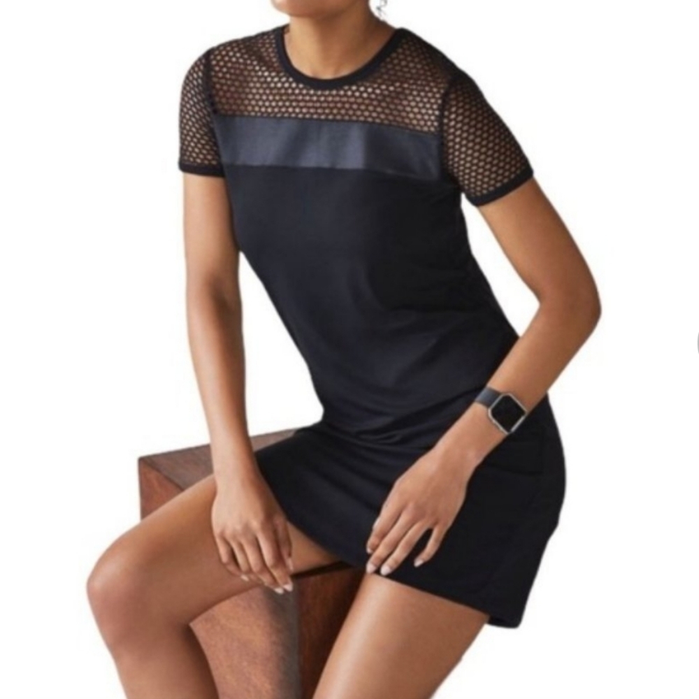 Nwot fabletics Sarah Mini Dress fishnet faux leather detail stretchy quick dry